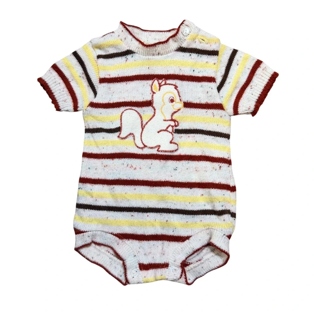 Vintage Knit Baby Romper Squirrel Graphic Striped Confetti Fleck 6 Months